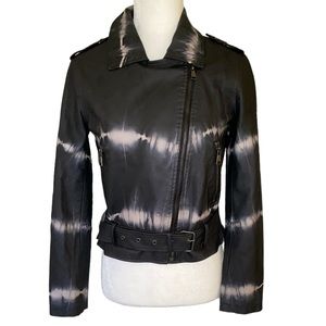 Anna Cai Faux Vegan Leather Belted Black Tie Dye Cropped Moto Jacket - XS